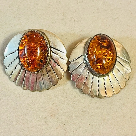 VTG Southwest Sterling Silver With Amber Earrings - Picture 1 of 6